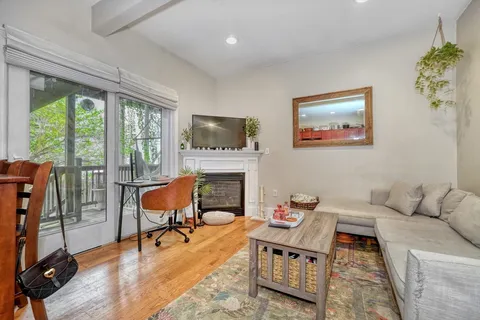 a living room with furniture a fireplace and a floor to ceiling window