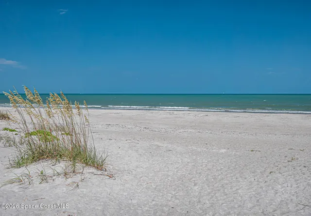 a view of a beach with a field