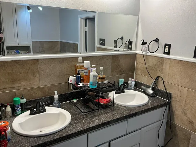 a bathroom with a sink and a mirror
