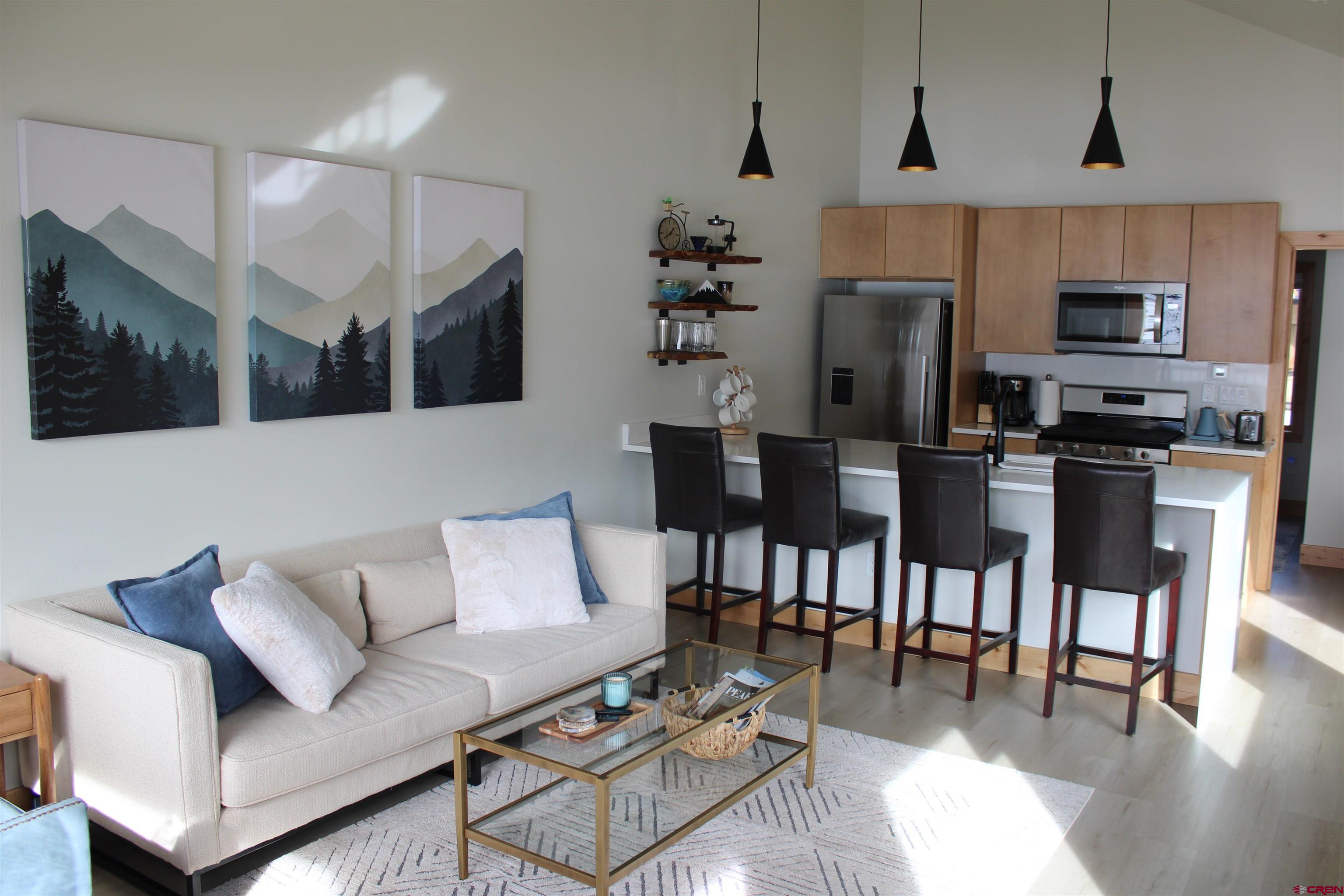 101 Elk Valley Road, Unit C Crested Butte, CO 81224 - Photo 1 of 41 a living room with furniture a flat screen tv and kitchen view