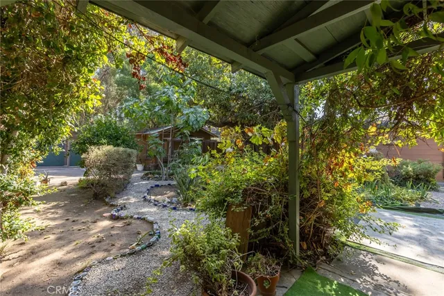 a view of backyard with plants and outdoor seating