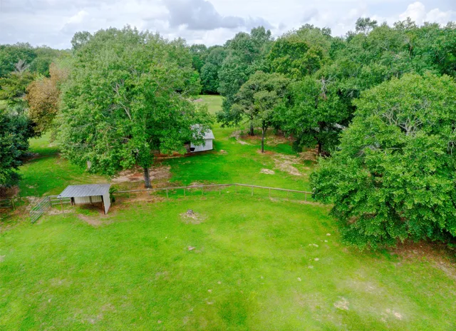 a view of a backyard with a garden and entertaining space