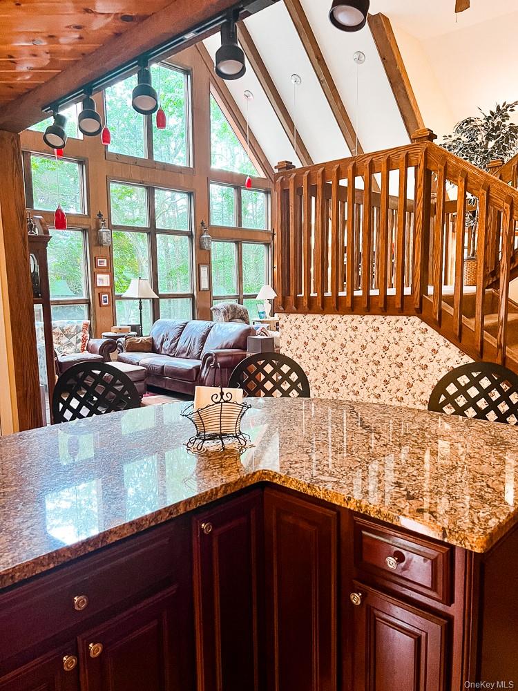 100 Old Tacy Road, Unit TR95 Bethel, NY 12783 - Photo 50 of 50 Kitchen with healthy amount of natural light, ceiling fan, high vaulted ceiling, light stone counters, and open floor plan