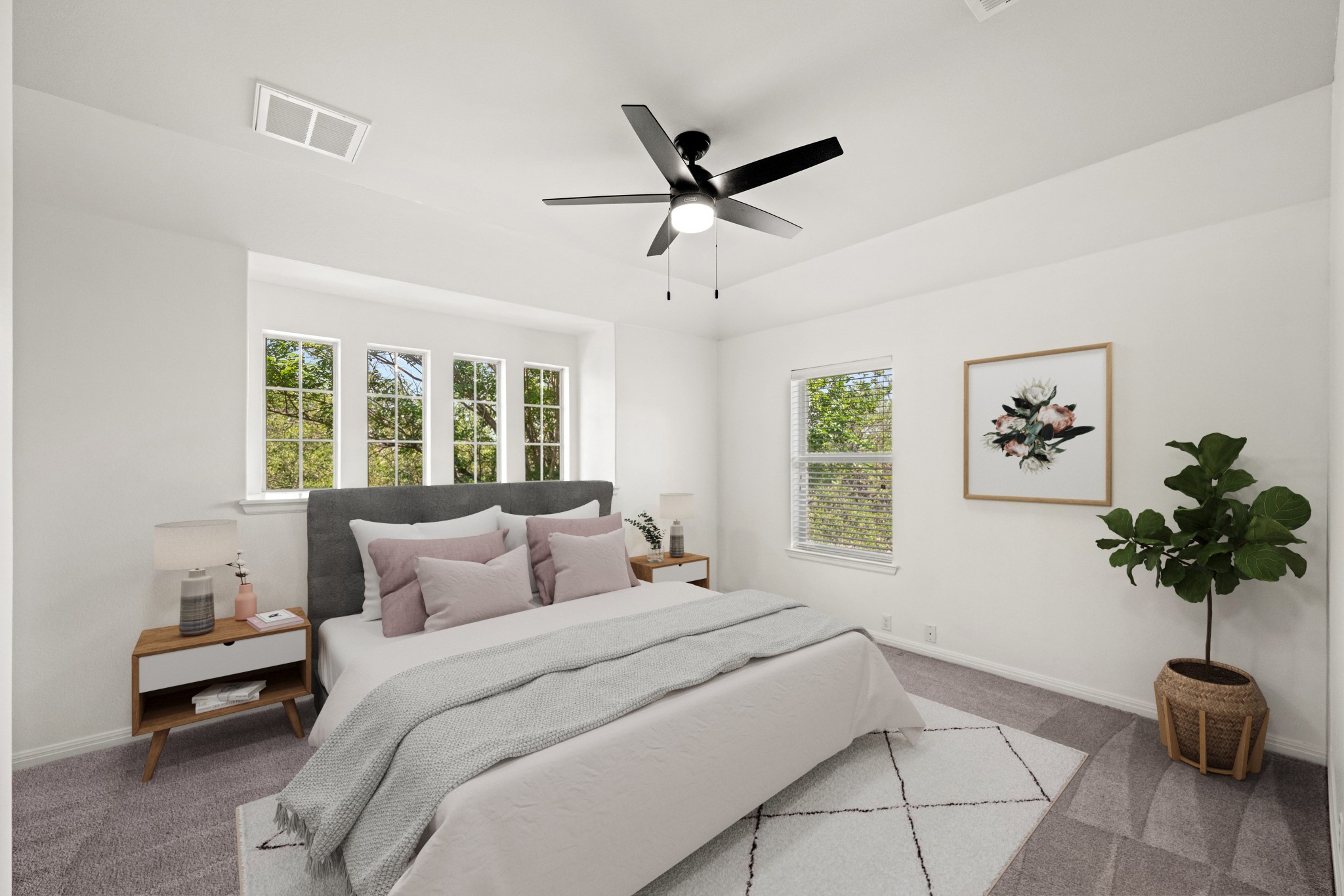 1023 Grassy Field Road Austin, TX 78737 - Photo 30 of 40 Alternate bedroom with shared bath featuring a window with a bay window and overhead ceiling fan with lighting. Virtually staged.