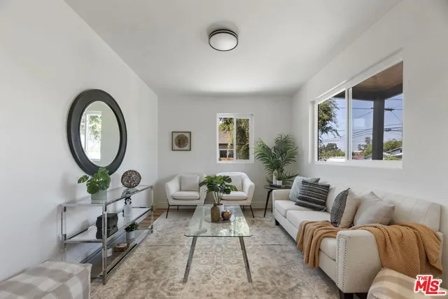 a living room with furniture a mirror potted plant and a large window