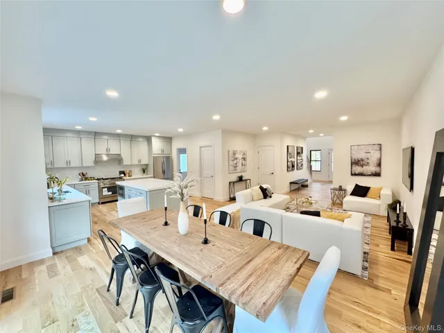 a view of a dining room with furniture