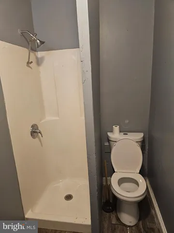 a bathroom with a toilet and a shower