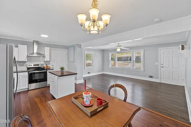 a kitchen with sink refrigerator dining table and chairs