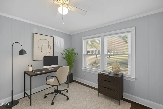 a workspace with chandelier