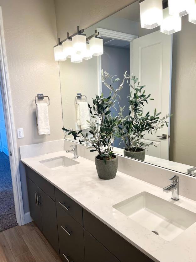 465 Bloom Lane Clovis, CA 93619 - Photo 9 of 16 a bathroom with a sink a potted plant and a mirror