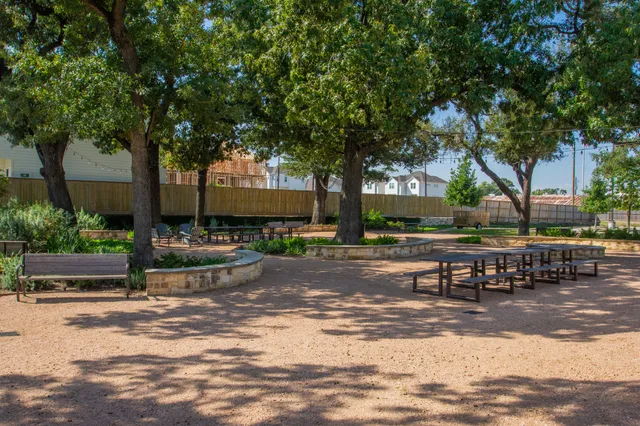 a view of a park with bench and trees