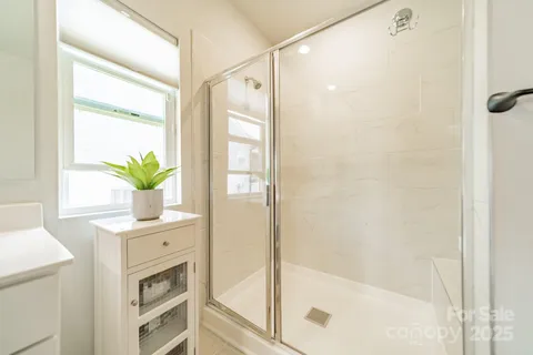 a bathroom with a shower sink and a mirror