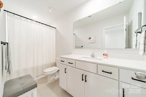 a bathroom with a sink mirror vanity and toilet