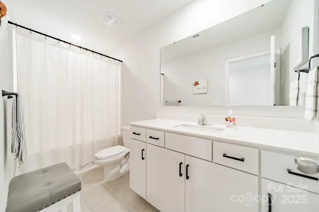a bathroom with a sink mirror vanity and toilet