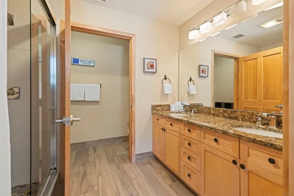 a bathroom with a shower and a sink