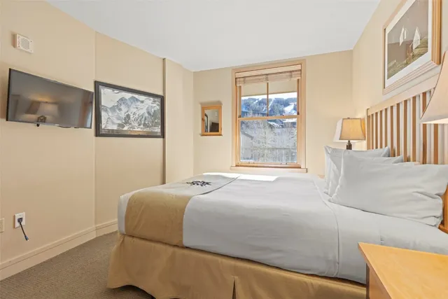 a bedroom with a bed and a flat screen tv