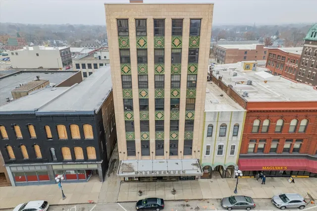 a city view with tall buildings