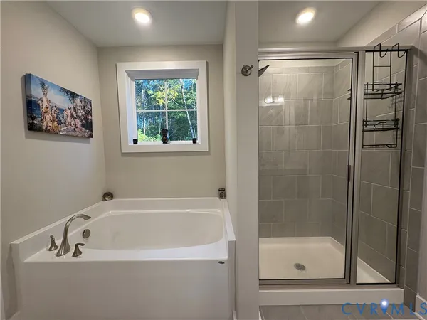 a bathroom with a bathtub and a shower