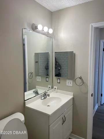 a bathroom with a sink a toilet and mirror