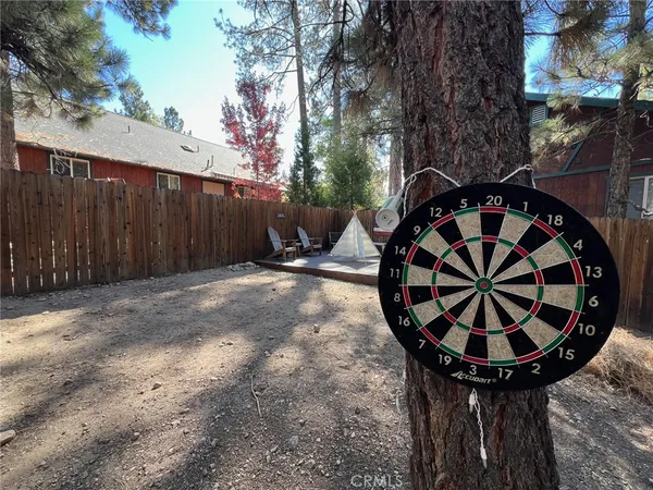a view of backyard with table and chairs and a fire pit