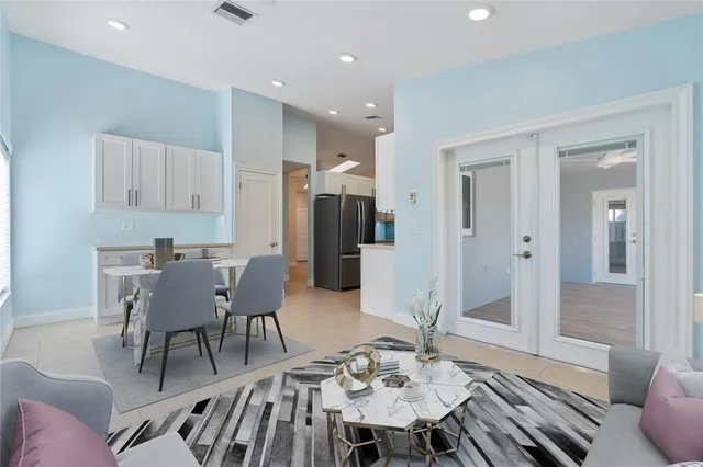 a view of a dining room with furniture