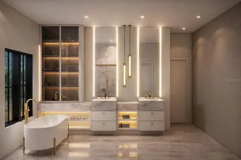 a view of a bathroom with a tub sink and mirror