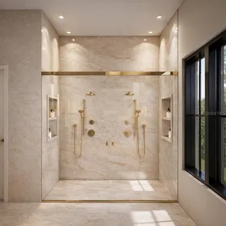 a bathroom with a glass shower door
