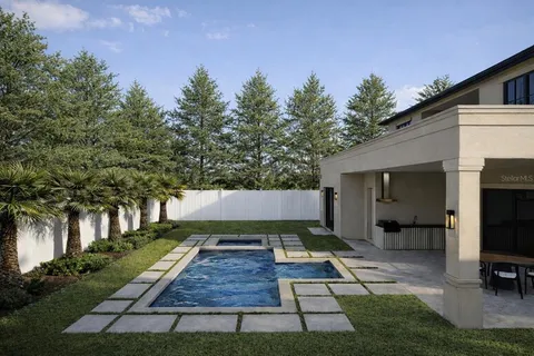 a view of a backyard with sitting area