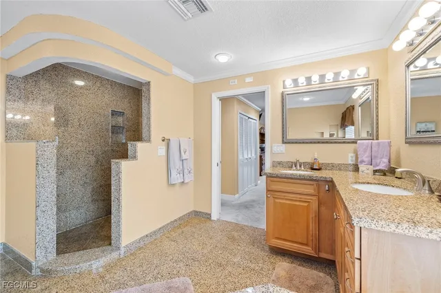 a bathroom with a granite countertop sink mirror and a shower