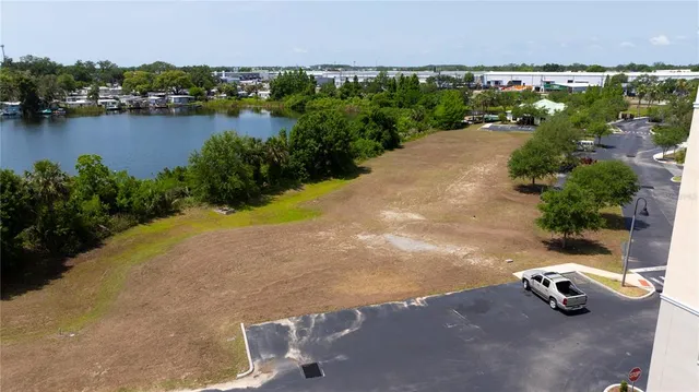 a view of a lake with beach