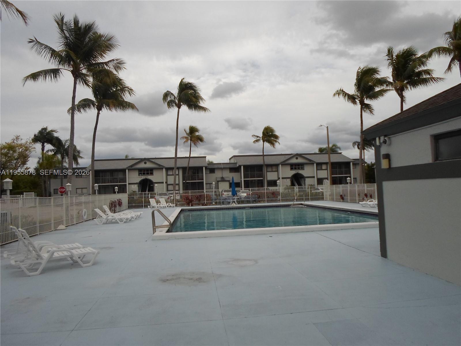 20760 Northeast 4th Court, Unit 201 Miami, FL 33179 - Photo 51 of 55 a view of a swimming pool with a chair and palm trees