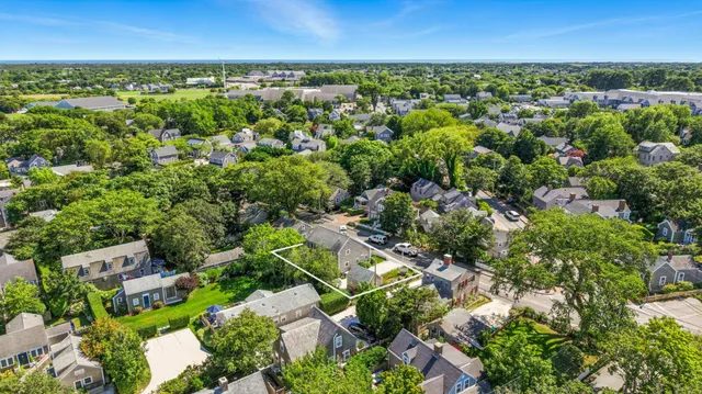 an aerial view of residential houses with outdoor space and trees