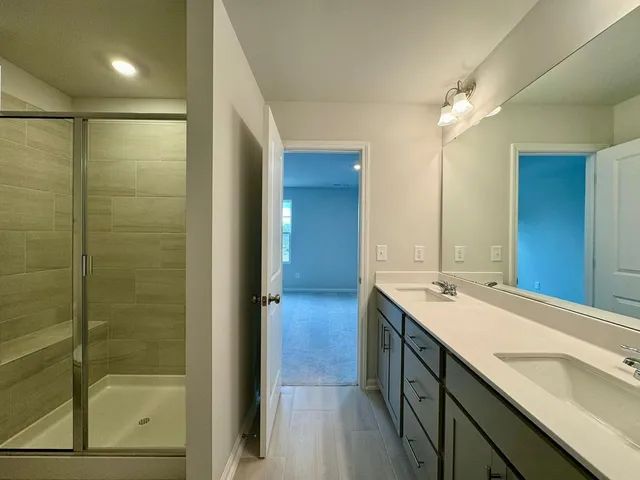 a bathroom with a double vanity sink mirror and shower