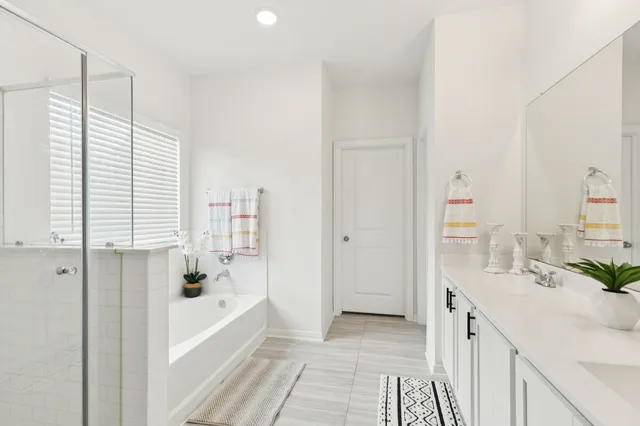 a bathroom with a bathtub sink and mirror