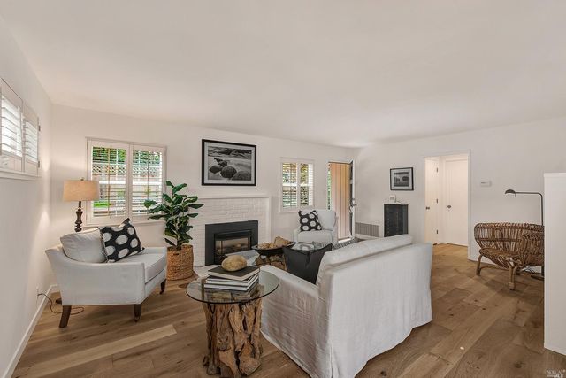 a living room with furniture potted plant and a fireplace