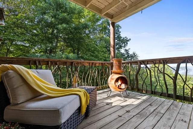 a porch with seating space