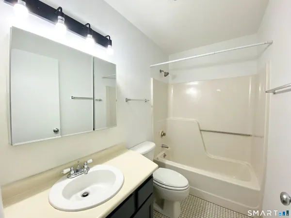 a bathroom with a sink a toilet and a large mirror