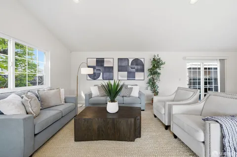 a living room with furniture potted plant and windows