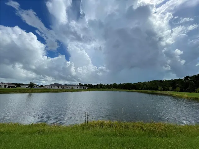 a view of a lake with houses in the background