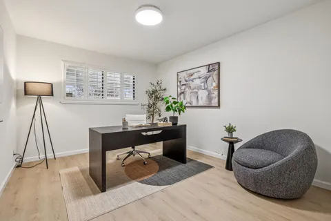 a living room with furniture and a potted plant