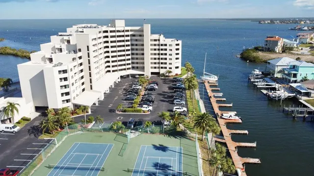 an aerial view of a multi story building