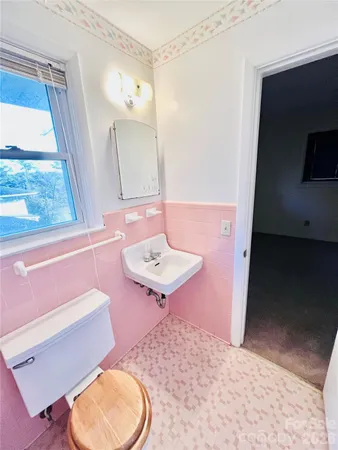 a bathroom with a sink a toilet a mirror and vanity