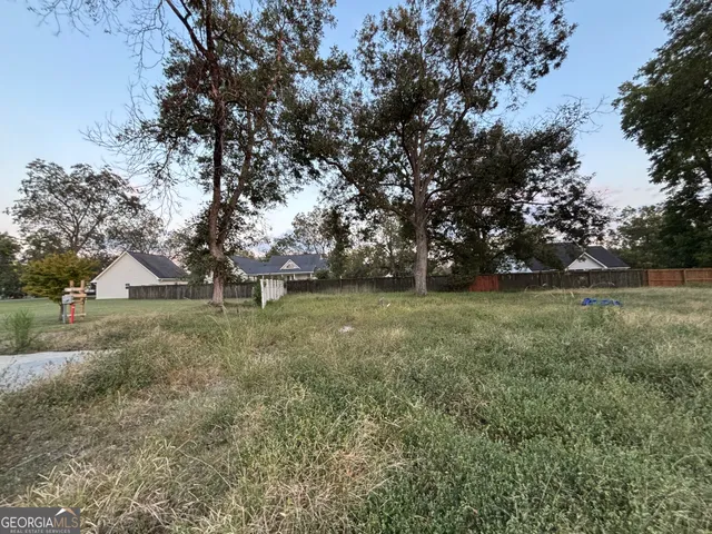 a view of a field with large trees