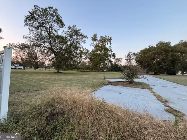 a view of a field with trees in the background