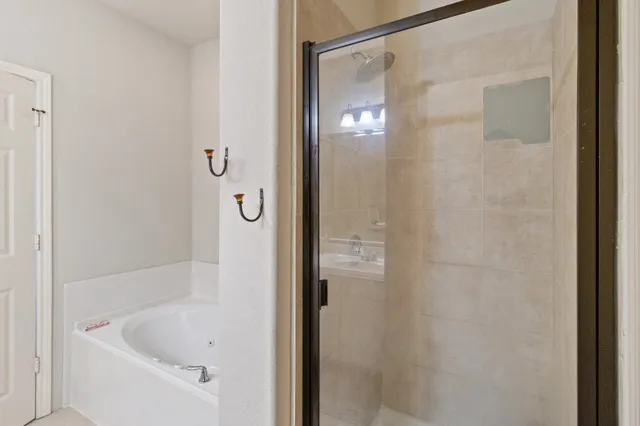 a bathroom with a bathtub and a shower