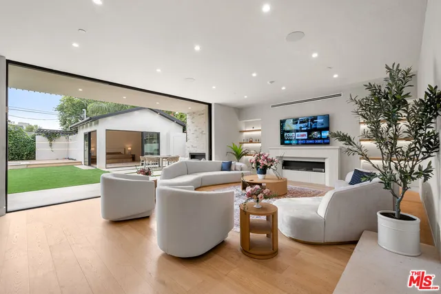 a living room with furniture fireplace and a potted plant
