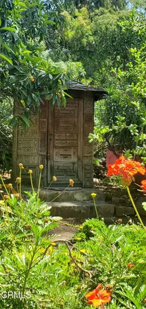 a view of a tennis ground with large trees