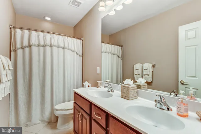 a bathroom with a double vanity sink toilet and a mirror