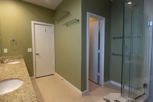 a bathroom with a granite countertop sink and shower