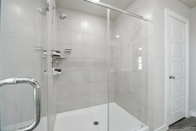 a bathroom with a shower and a toilet